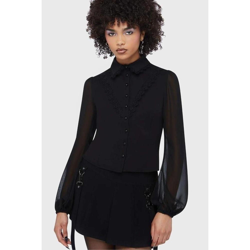 Killstar Miss Mourning Black lace trimming button up shirt plus size